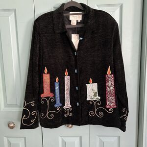 Daniel K Womens‎ Artsy Embroidered Button Up Blazer Jacket Candlesticks Colorful